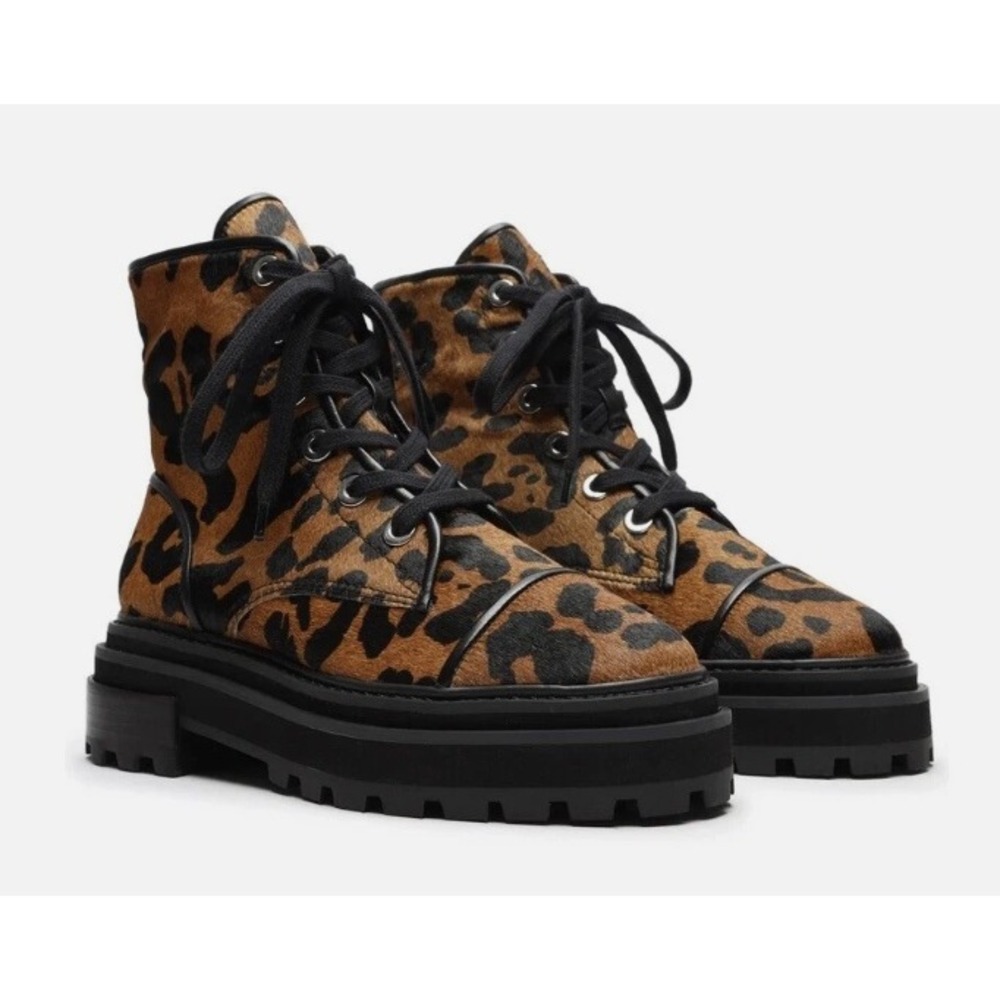 Schutz Maylova Leopard Print Calf Hair‎ Lace Up Chunky Combat Boots 6.5 Punk
